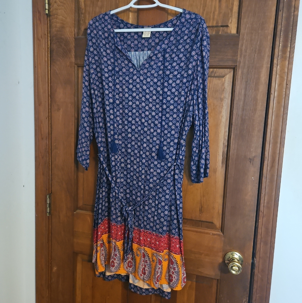 Faded Glory Navy Bohemian Long Sleeve Dress with Red & Yellow Border